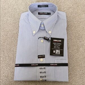 Kirkland Signature Men's White and Blue Pinstripe Dress Shirt